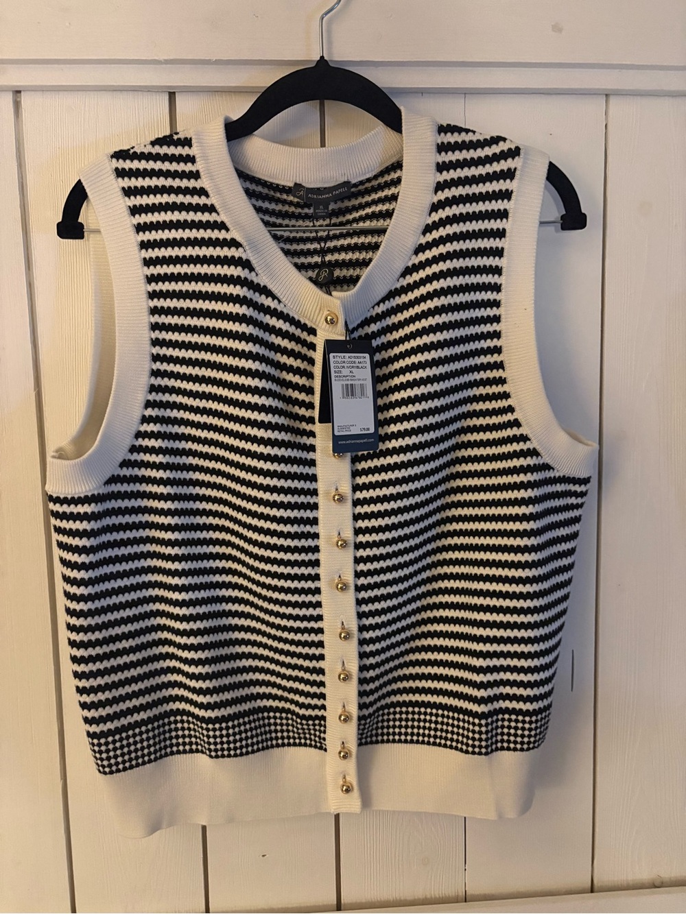 Adrianna Papell Ivory and Black Striped Knit Cardigan Vest